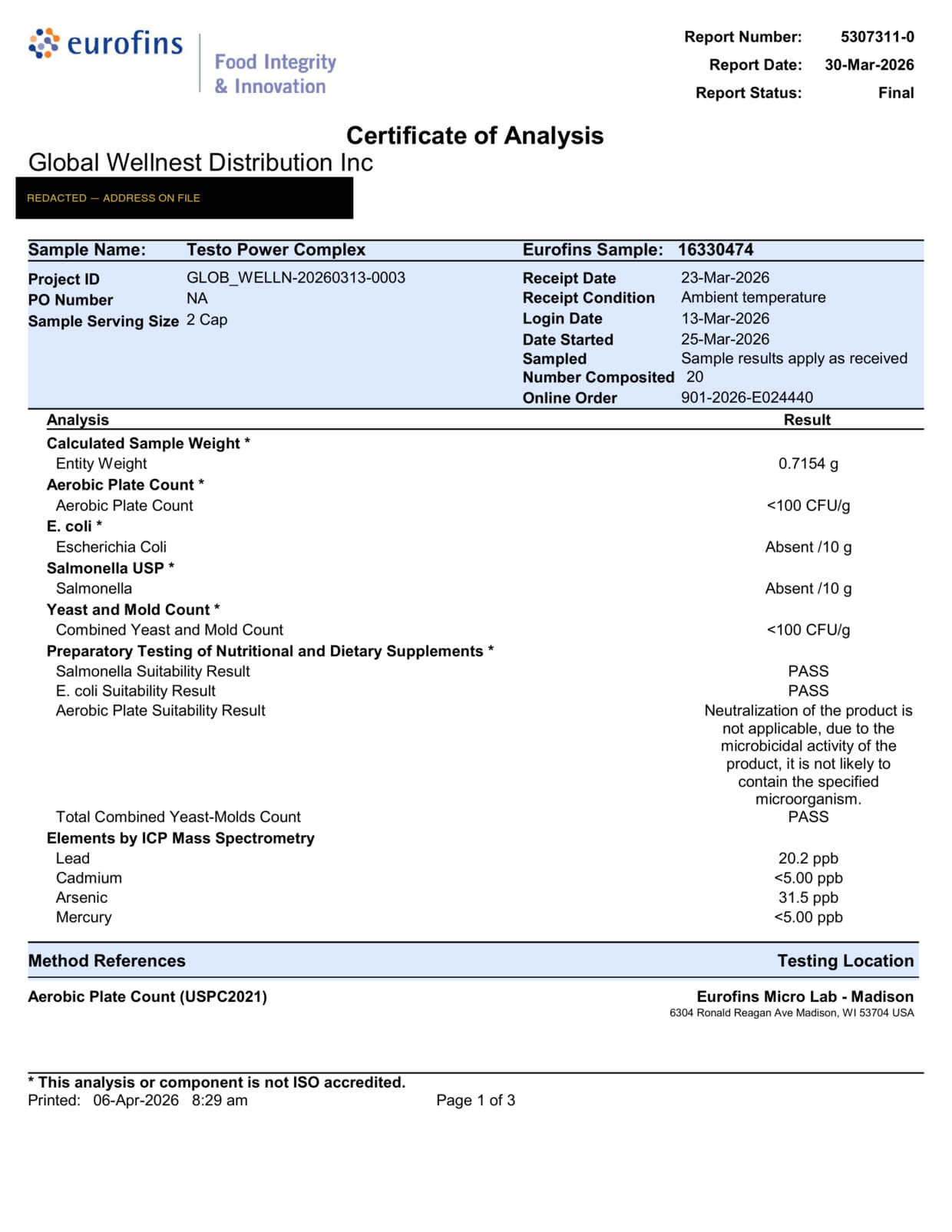 Page 1 of the Eurofins Certificate of Analysis for Testo Power Complex