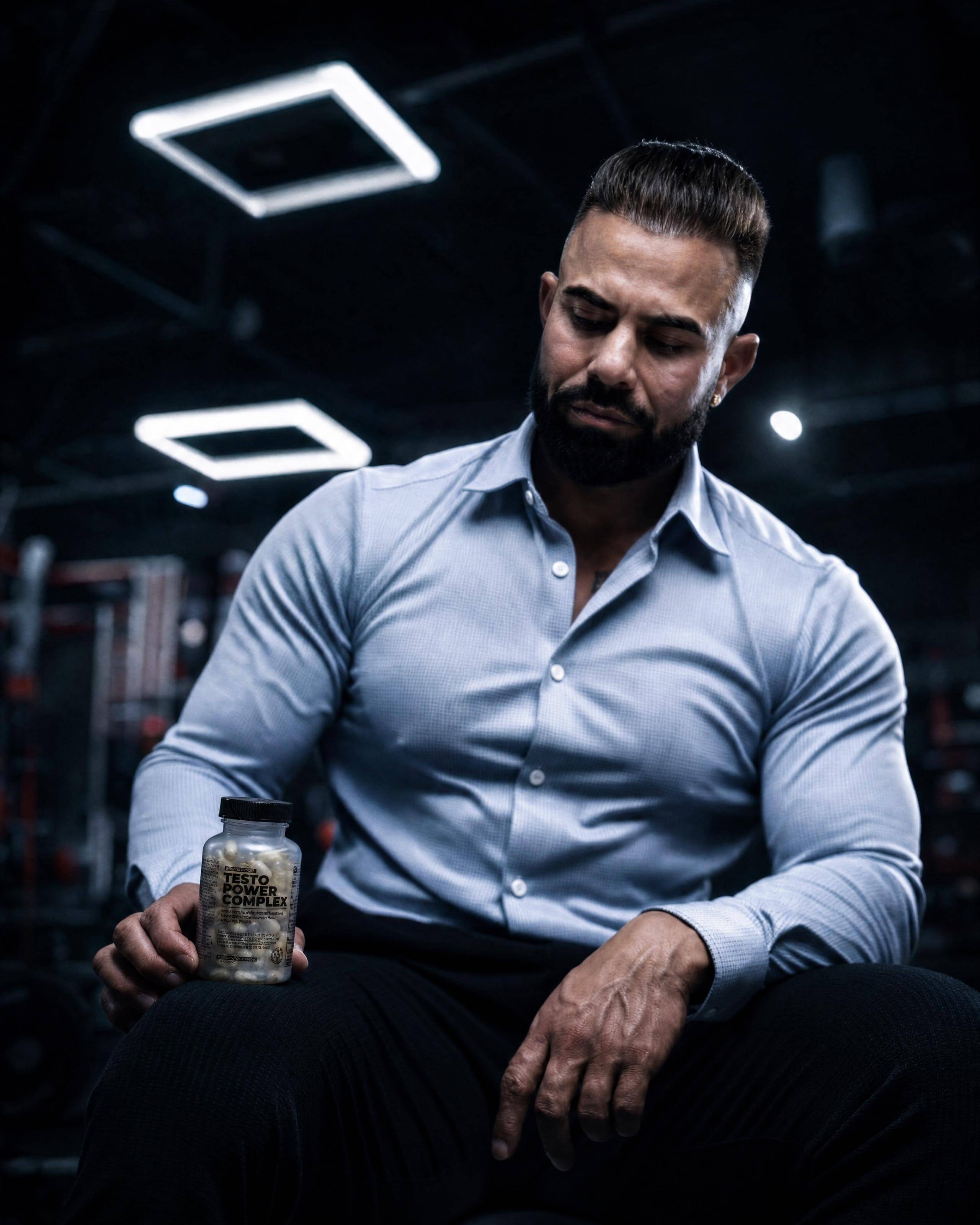 Teji Randhawa holding Testo Power Complex in the gym